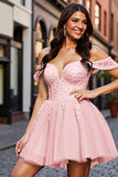 Robe courte de balle en tulle corset blush avec appliques