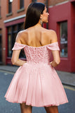 Robe courte de balle en tulle corset blush avec appliques