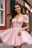 Blush Floral Tulle Corset Robe Courte Homecoming Avec Manches