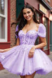 Blush Floral Tulle Corset Robe Courte Homecoming Avec Manches
