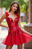 Robe de retour à la maison à paillettes rouge foncé scintillante avec arcs