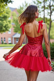 Robe de retour à la maison à paillettes rouge foncé scintillante avec arcs