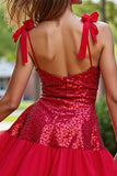 Robe de retour à la maison à paillettes rouge foncé scintillante avec arcs