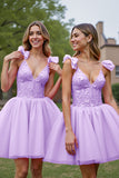 Corset à col en V profond Robe courte de balle lilas avec appliques
