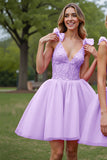 Corset à col en V profond Robe courte de balle lilas avec appliques