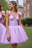 Corset à col en V profond Robe courte de balle lilas avec appliques