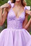 Corset à col en V profond Robe courte de balle lilas avec appliques