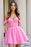 Robe de bal courte en tulle corset rose à volants avec appliques