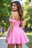 Robe de bal courte en tulle corset rose à volants avec appliques