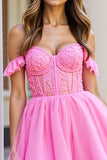 Robe de bal courte en tulle corset rose à volants avec appliques