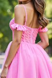 Robe de bal courte en tulle corset rose à volants avec appliques
