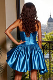 Satin Bretelle Une Ligne Bleu Robe Courte Retrouvailles