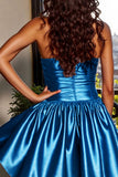 Satin Bretelle Une Ligne Bleu Robe Courte Retrouvailles