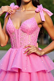 Corset rose à volants Robe courte de retour à la maison avec noeuds