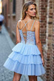 Robe courte de retour à la maison corset à plusieurs niveaux bleu ciel avec appliques