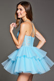 Robe courte de balle en tulle corset bleu ciel à plusieurs niveaux avec appliques