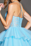 Robe courte de balle en tulle corset bleu ciel à plusieurs niveaux avec appliques
