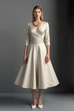 Satin Abricot Une Ligne Col V Robe Mère De La Mariée