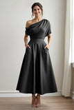 Satin Noir Une Ligne Robe Mère De La Mariée Avec Poches
