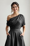 Satin Noir Une Ligne Robe Mère De La Mariée Avec Poches