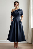 Satin Noir Une Ligne Robe Mère De La Mariée Avec Poches