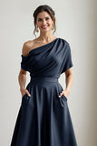 Satin Noir Une Ligne Robe Mère De La Mariée Avec Poches