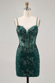 Vert foncé moulante dos nu corset transparent Homecoming Dress avec paillettes