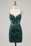 Vert foncé moulante dos nu corset transparent Homecoming Dress avec paillettes