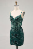 Vert foncé moulante dos nu corset transparent Homecoming Dress avec paillettes