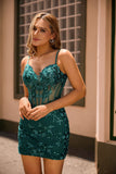 Paillettes scintillantes vert foncé Moulante corset dos nu Robe de retour