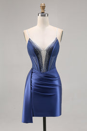 Robe de bal corset perlé en satin bleu marine avec ceinture
