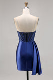 Robe de bal corset perlé en satin bleu marine avec ceinture