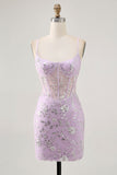 Paillettes scintillantes lilas Corset transparent dos nu Robe courte de retour à la maison