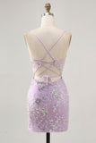 Paillettes scintillantes lilas Corset transparent dos nu Robe courte de retour à la maison