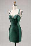 Corset Satin Moulante Vert Foncé Homecoming Dress