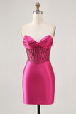 Robe courte de bal corset perlé moulant fuchsia scintillant