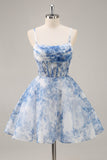 Blanc Bleu Fleur Une Corset Ligne Ruché Robe de cocktail