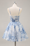 Blanc Bleu Fleur Une Corset Ligne Ruché Robe de cocktail