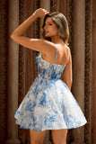 Une ligne corset blanc bleu fleur imprimé robe de bal