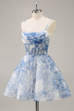 Blanc Bleu Fleur Une Corset Ligne Ruché Robe de cocktail