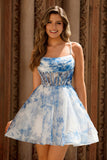 Une ligne corset blanc bleu fleur imprimé robe de bal