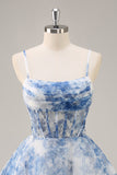 Blanc Bleu Fleur Une Corset Ligne Ruché Robe de cocktail