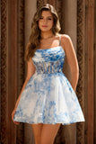 Une ligne corset blanc bleu fleur imprimé robe de bal