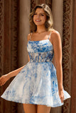 Une ligne corset blanc bleu fleur imprimé robe de bal