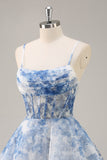 Blanc Bleu Fleur Une Corset Ligne Ruché Robe de cocktail