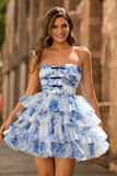 Robe de bal sans bretelles à fleurs bleues blanches avec lacets dans le dos
