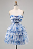Robe de bal sans bretelles à fleurs bleues blanches avec lacets dans le dos
