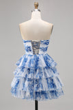Robe de bal sans bretelles à fleurs bleues blanches avec lacets dans le dos