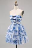 Une ligne sans bretelles à plusieurs niveaux corset blanc bleu fleur maison de bal avec lacets dans le dos