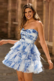 Robe de bal sans bretelles à fleurs bleues blanches avec lacets dans le dos